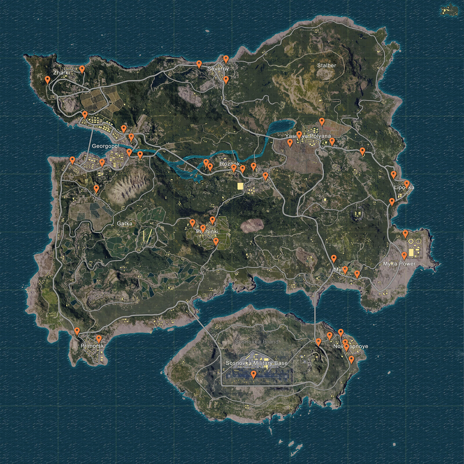 Carte de PUBG montrant les différents spawns de véhicule (marqueur orange)